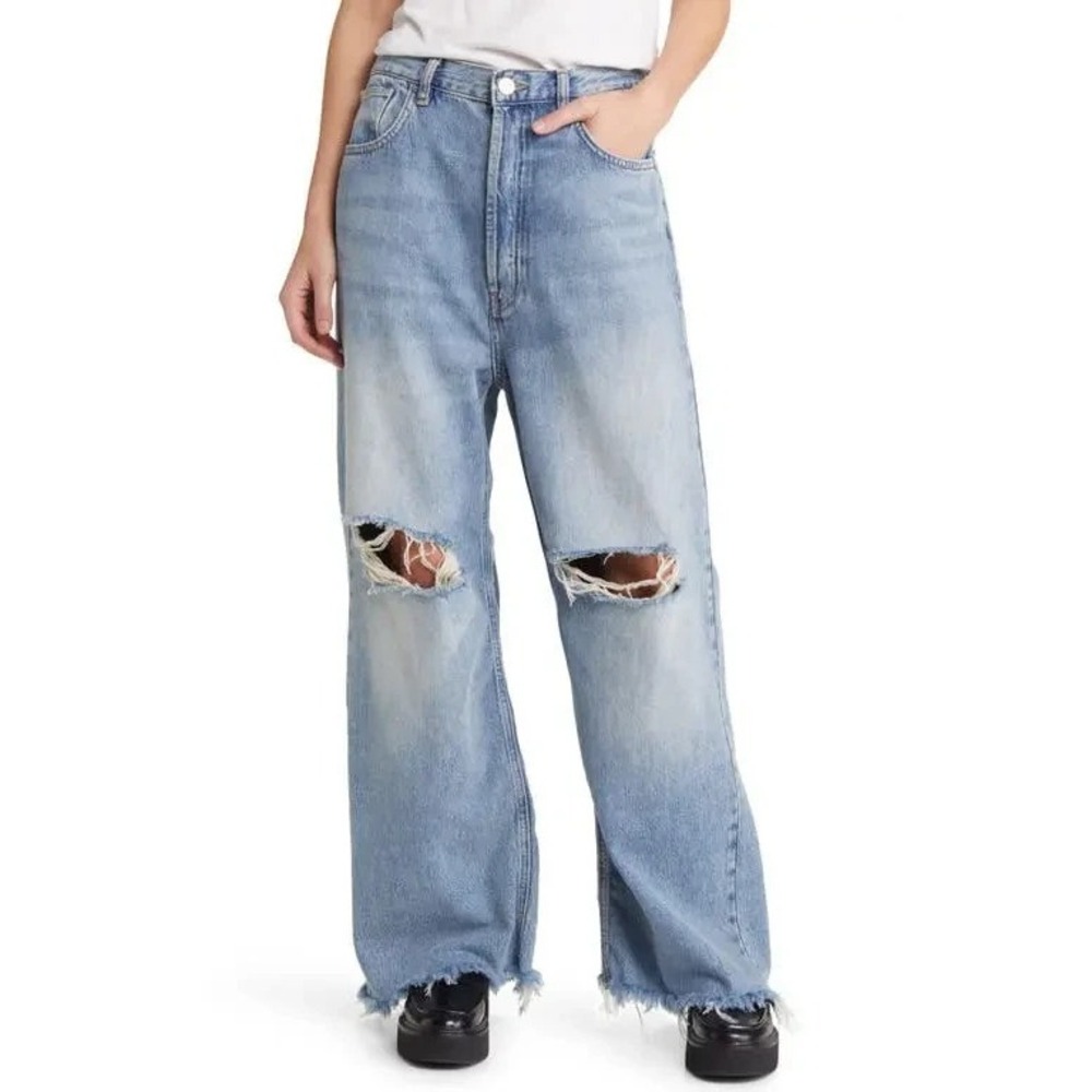 FRAME Le Baggy Palazzo Wide Leg Jeans in River Women 25 Distressed Frayed Hem